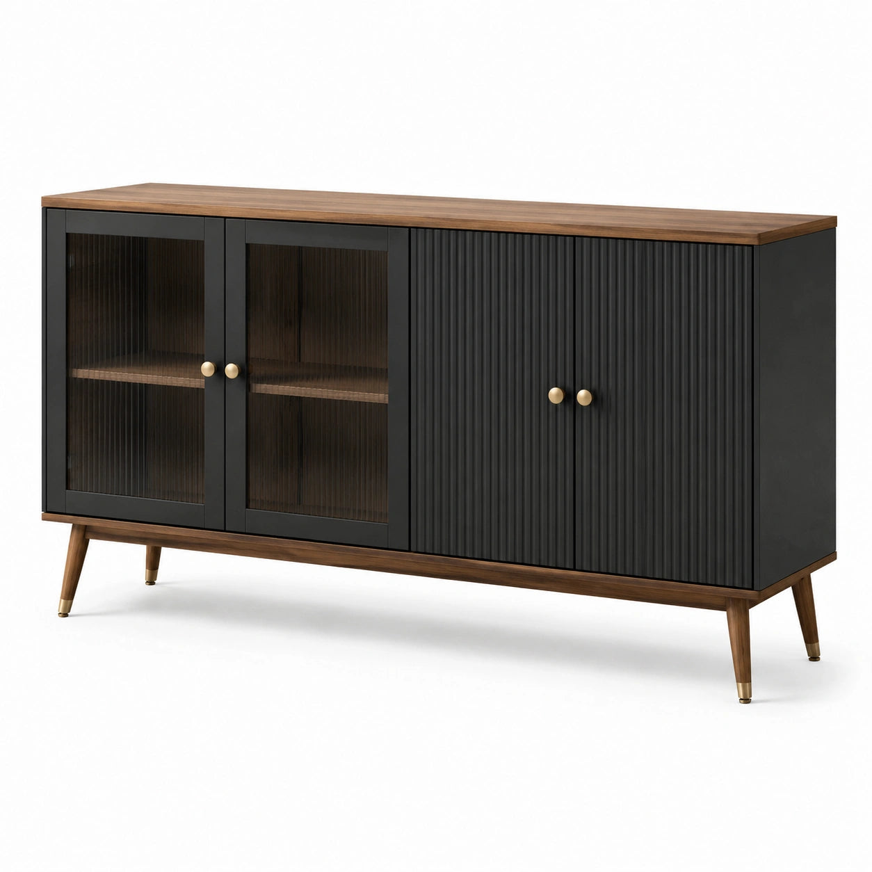 Sideboard aus Walnussholz und geriffeltem Glas 160x40x80cm Schwarz Braun