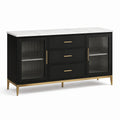 Sideboard aus MDF-Holz mit geriffelten Glastüren und Carrara-Marmorplatte Schwarz 150x40x85cm