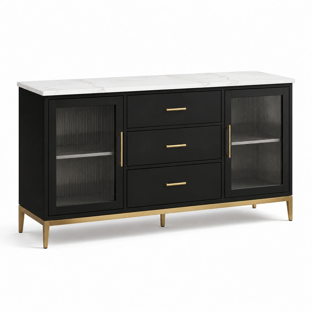 Sideboard aus MDF-Holz mit geriffelten Glastüren und Carrara-Marmorplatte Schwarz 150x40x85cm