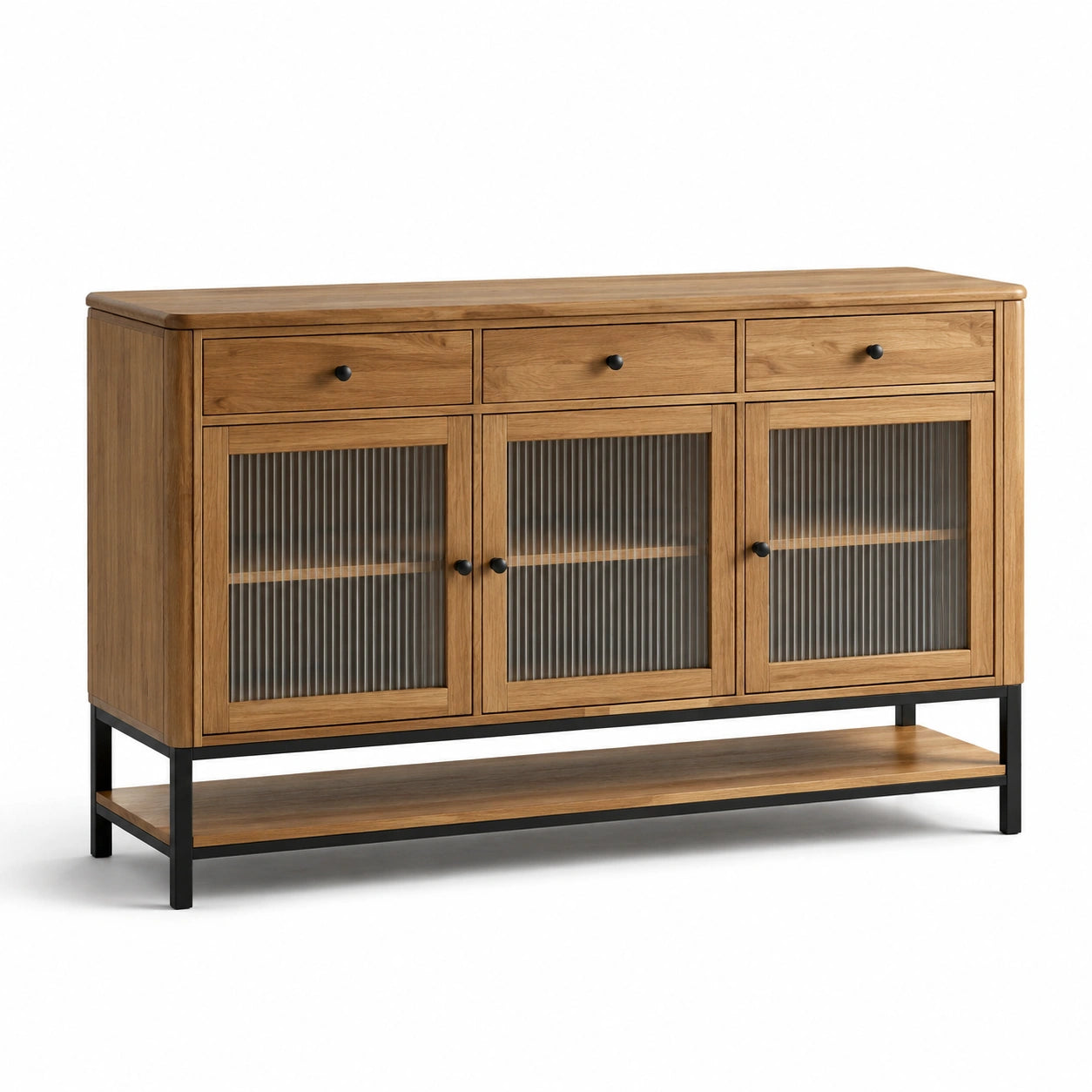 Sideboard aus Eichenholz mit geriffeltem Glas und Metallrahmen 140x45x90cm