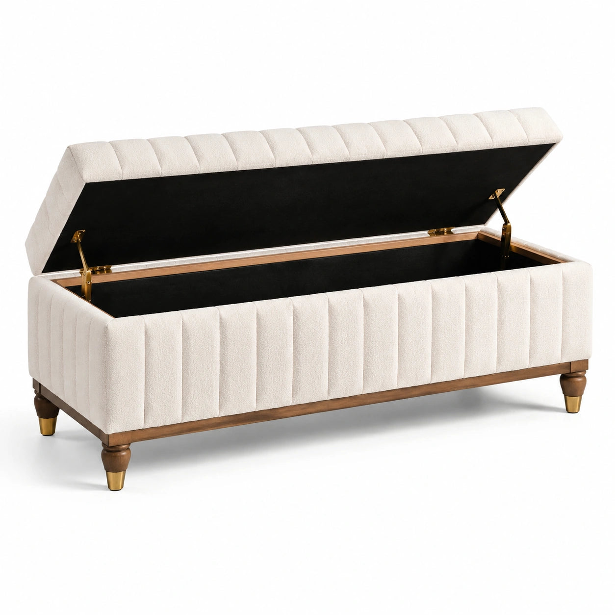 Stauraumbank aus Holz und Polyestergewebe, Beige, 120x45x50 cm