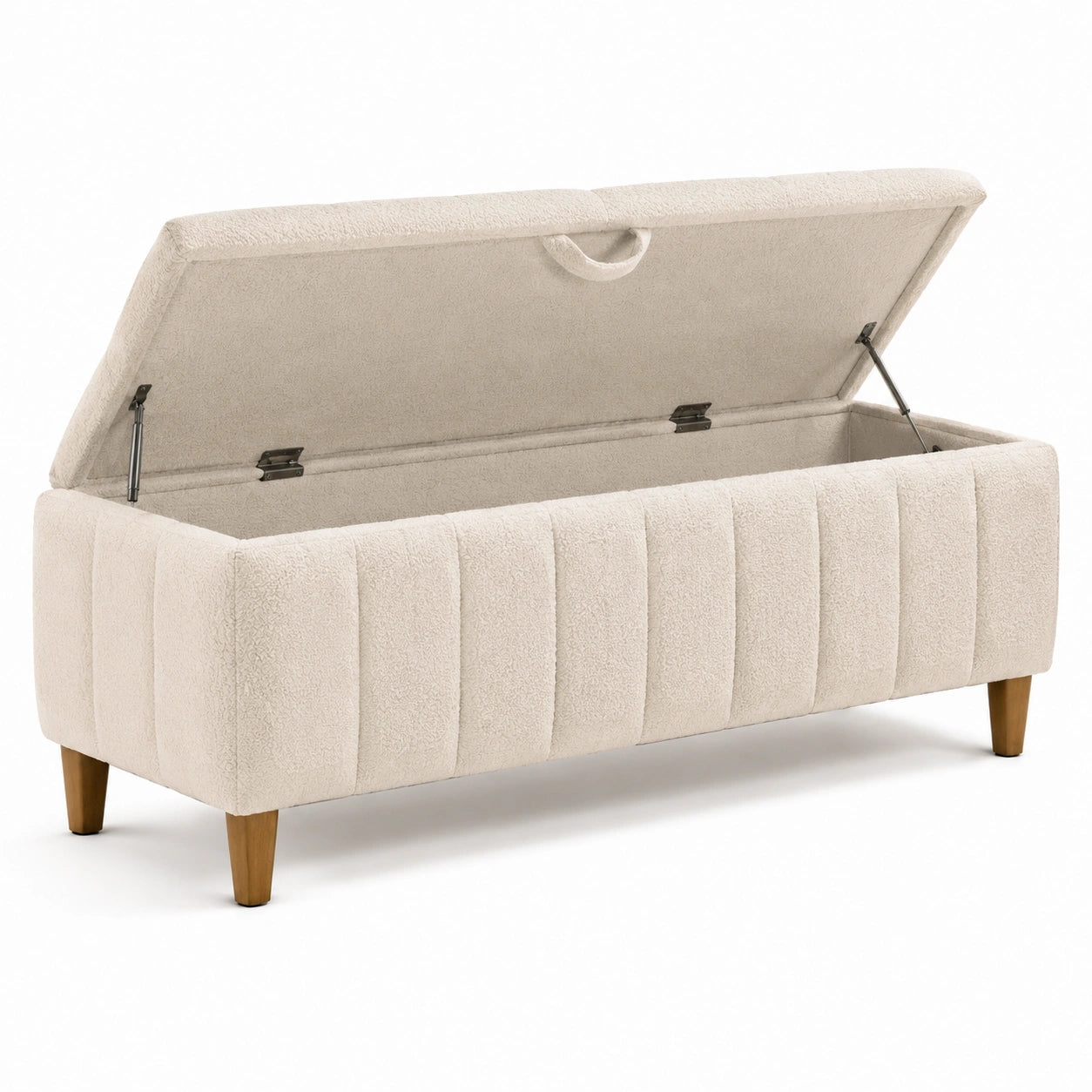 Polsterbank mit Stauraum aus Bouclé und Holzbeinen Beige 120x40x45 cm