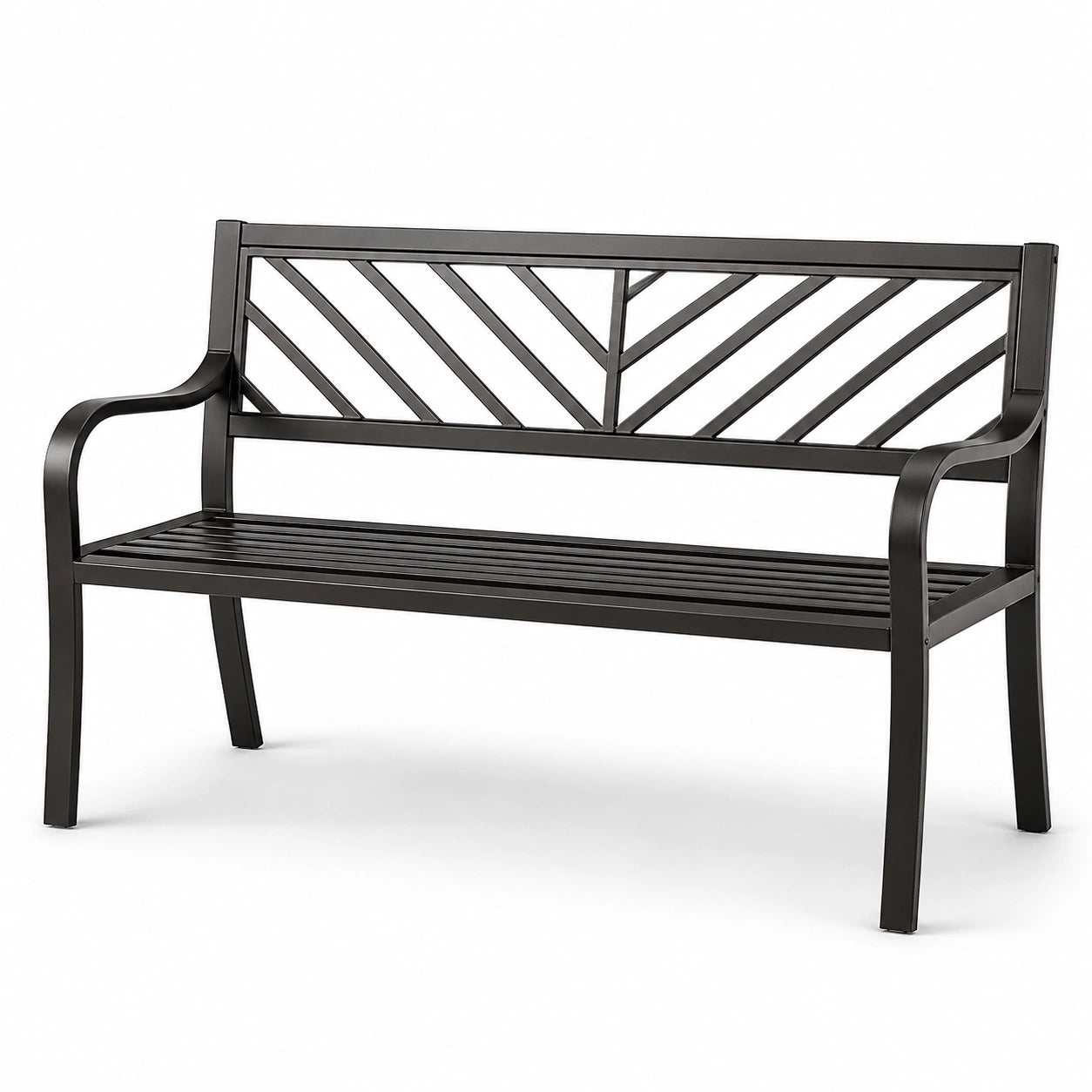 Schwarze Gartenbank aus Metall mit Rückenlehne